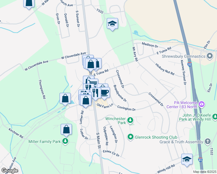 map of restaurants, bars, coffee shops, grocery stores, and more near 23 Covington Drive in Shrewsbury