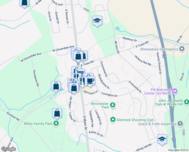 map of restaurants, bars, coffee shops, grocery stores, and more near 23 Covington Drive in Shrewsbury