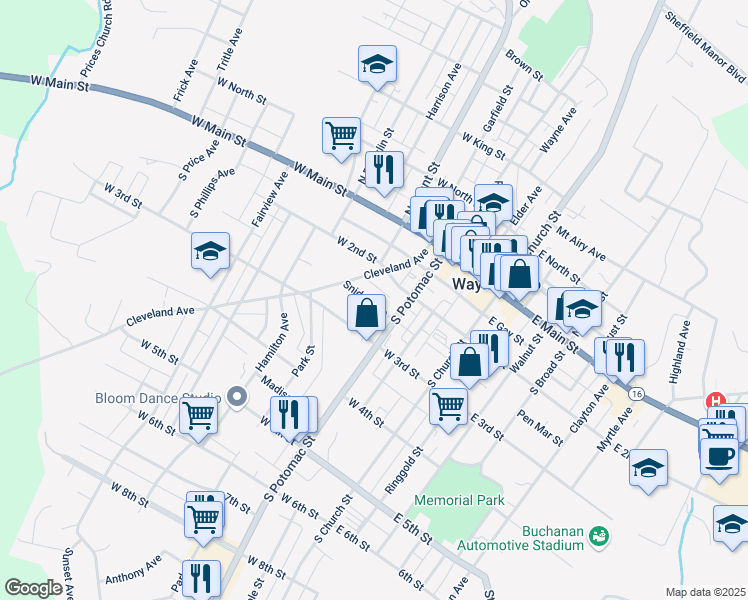 map of restaurants, bars, coffee shops, grocery stores, and more near 125 Snider Avenue in Waynesboro