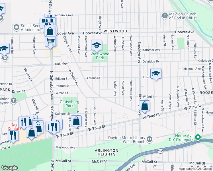map of restaurants, bars, coffee shops, grocery stores, and more near 332 Leland Avenue in Dayton
