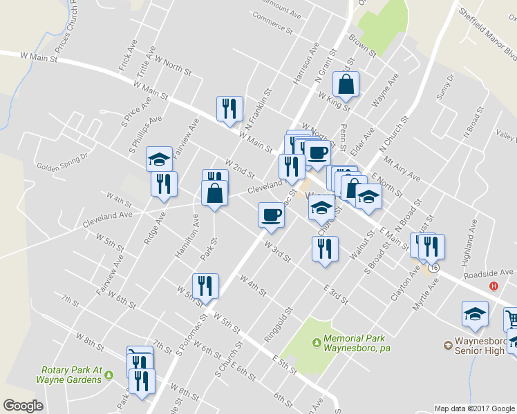 map of restaurants, bars, coffee shops, grocery stores, and more near 125 Snider Avenue in Waynesboro
