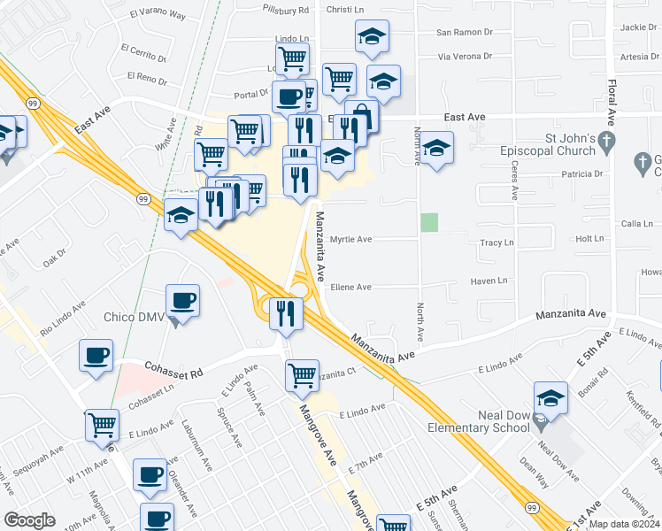 map of restaurants, bars, coffee shops, grocery stores, and more near 574 Manzanita Avenue in Chico