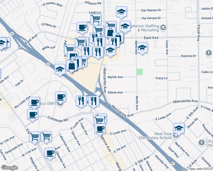 map of restaurants, bars, coffee shops, grocery stores, and more near 574 Manzanita Avenue in Chico