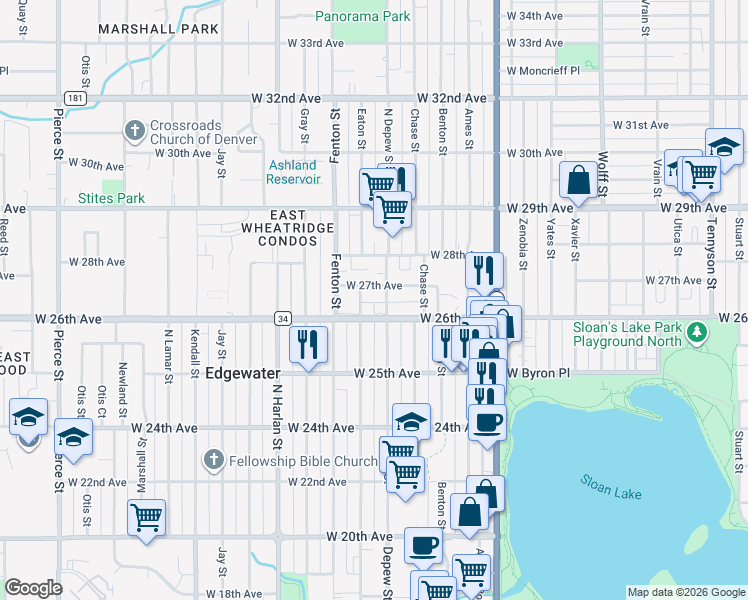 map of restaurants, bars, coffee shops, grocery stores, and more near 2655 Depew Street in Edgewater