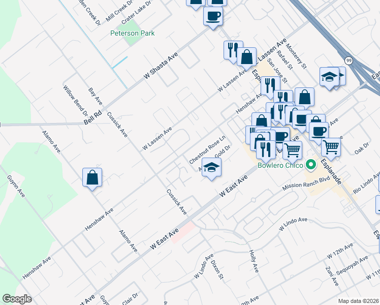 map of restaurants, bars, coffee shops, grocery stores, and more near 457 Henshaw Avenue in Chico