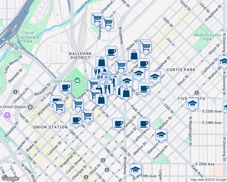 map of restaurants, bars, coffee shops, grocery stores, and more near 2260 Market Street in Denver