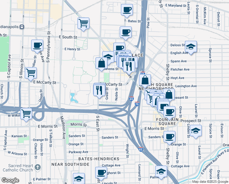 map of restaurants, bars, coffee shops, grocery stores, and more near 832 Noble Street in Indianapolis