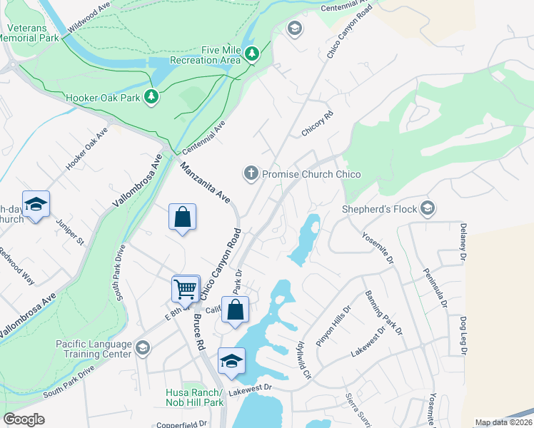 map of restaurants, bars, coffee shops, grocery stores, and more near 5 Alameda Park Circle in Chico