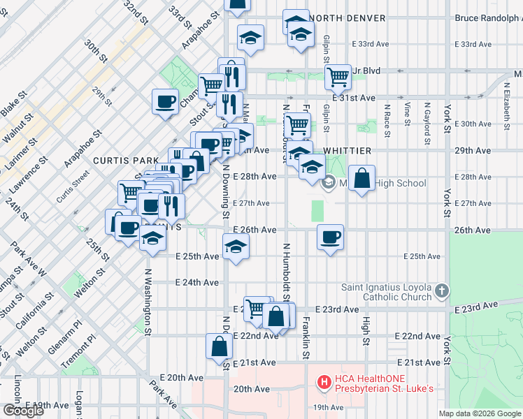 map of restaurants, bars, coffee shops, grocery stores, and more near 1325 East 27th Avenue in Denver