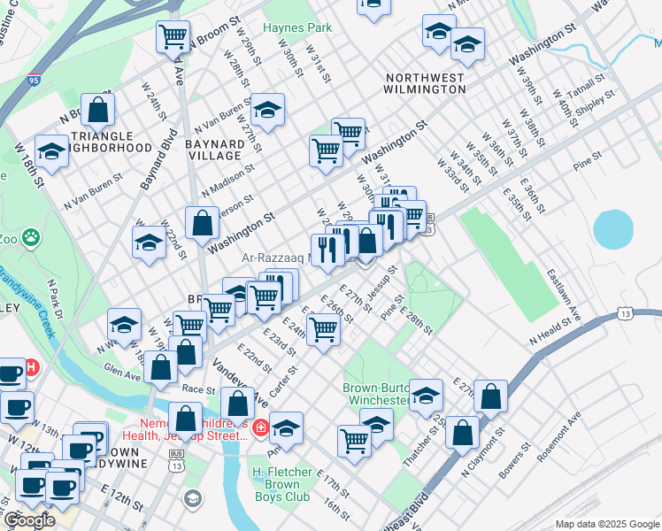 map of restaurants, bars, coffee shops, grocery stores, and more near 2705 Tatnall Street in Wilmington