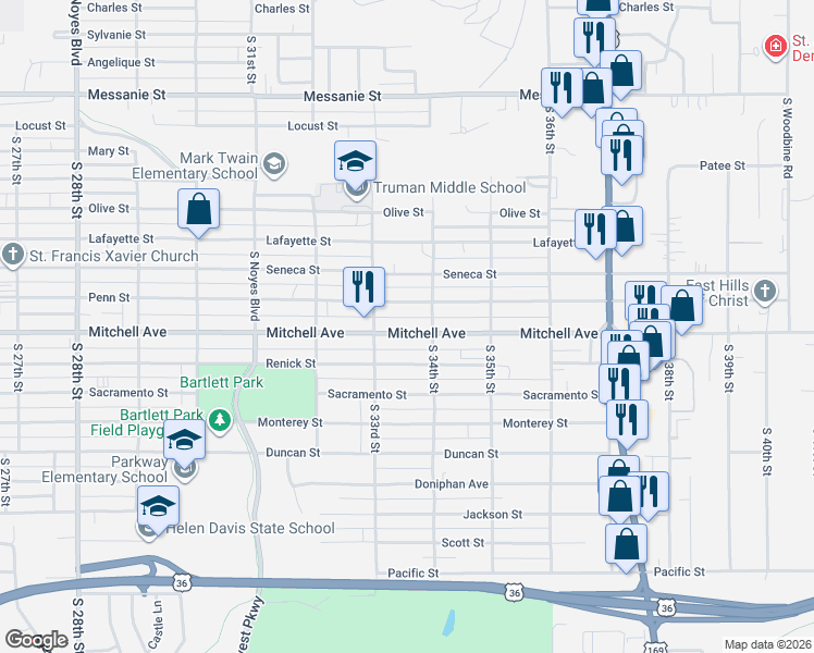 map of restaurants, bars, coffee shops, grocery stores, and more near 3315 Mitchell Avenue in Saint Joseph