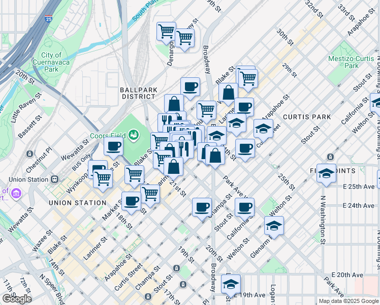 map of restaurants, bars, coffee shops, grocery stores, and more near 2257 Larimer Street in Denver