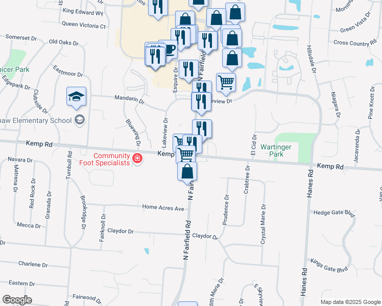 map of restaurants, bars, coffee shops, grocery stores, and more near 3294 Kemp Road in Dayton