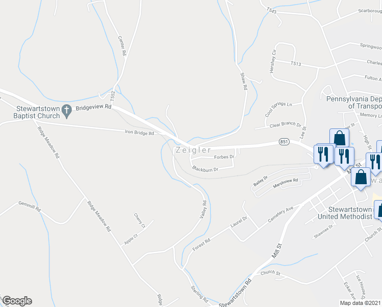 map of restaurants, bars, coffee shops, grocery stores, and more near 4363 Blackburn Drive in Stewartstown