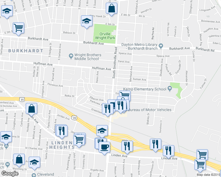 map of restaurants, bars, coffee shops, grocery stores, and more near 811 South Smithville Road in Dayton