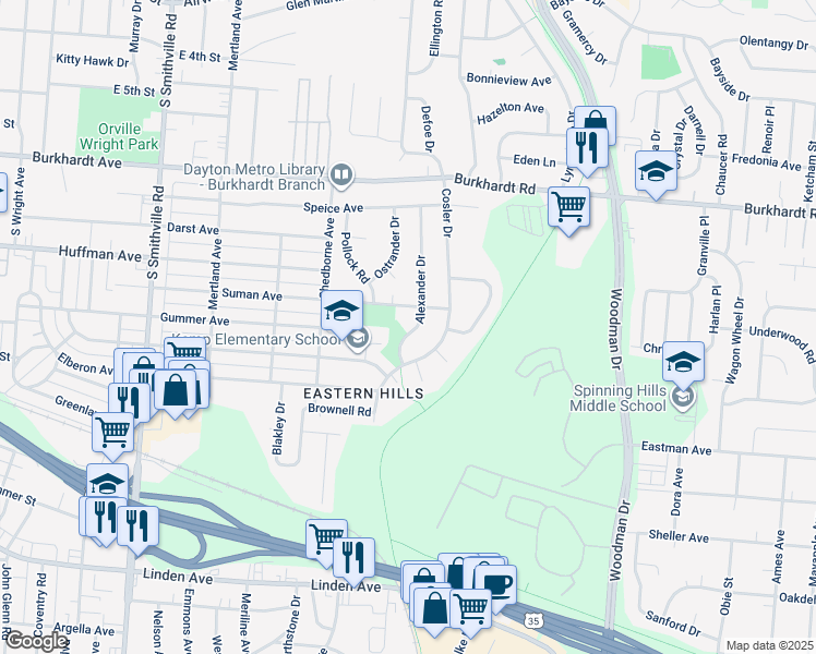 map of restaurants, bars, coffee shops, grocery stores, and more near 735 Alexander Drive in Dayton