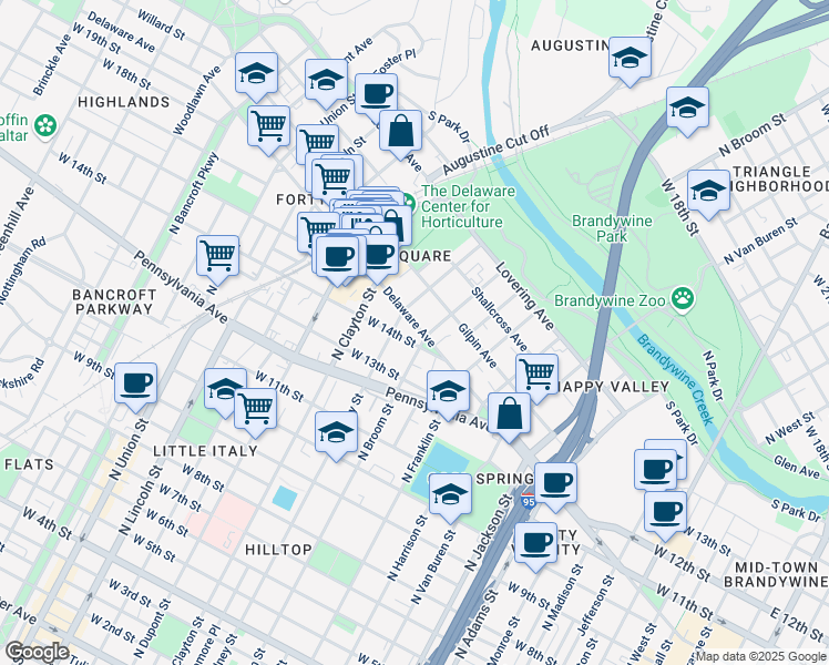 map of restaurants, bars, coffee shops, grocery stores, and more near 1400 Delaware Avenue in Wilmington