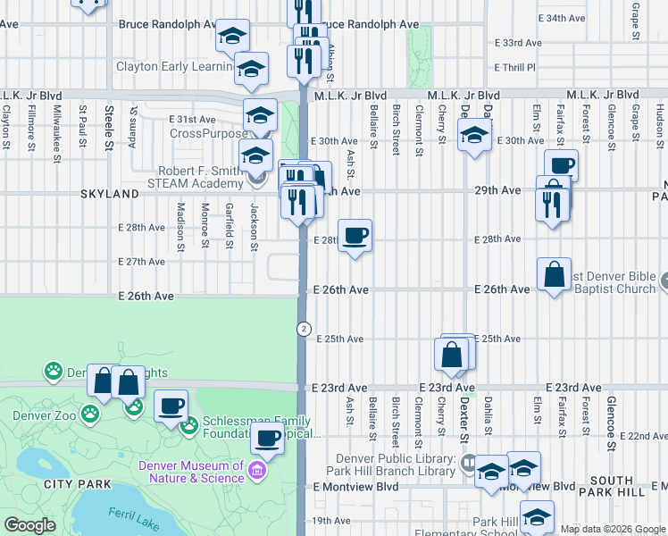 map of restaurants, bars, coffee shops, grocery stores, and more near 2636 Albion Street in Denver