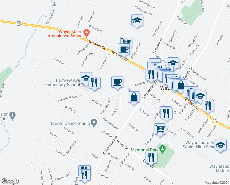 map of restaurants, bars, coffee shops, grocery stores, and more near 204 West 3rd Street in Waynesboro