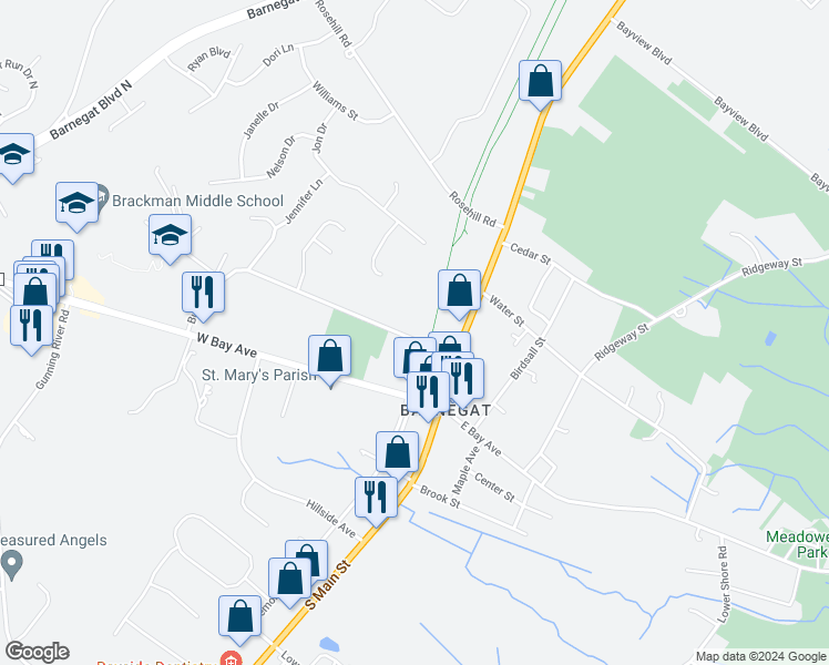 map of restaurants, bars, coffee shops, grocery stores, and more near 14 Burr Street in Barnegat Township