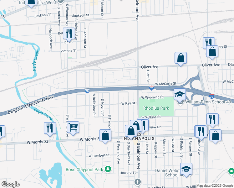 map of restaurants, bars, coffee shops, grocery stores, and more near 830 South Pershing Avenue in Indianapolis