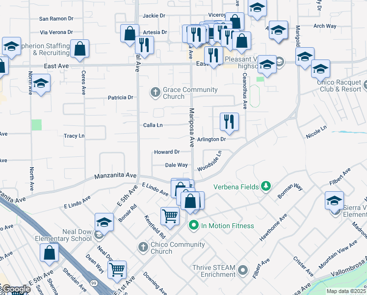 map of restaurants, bars, coffee shops, grocery stores, and more near 1292 Howard Drive in Chico