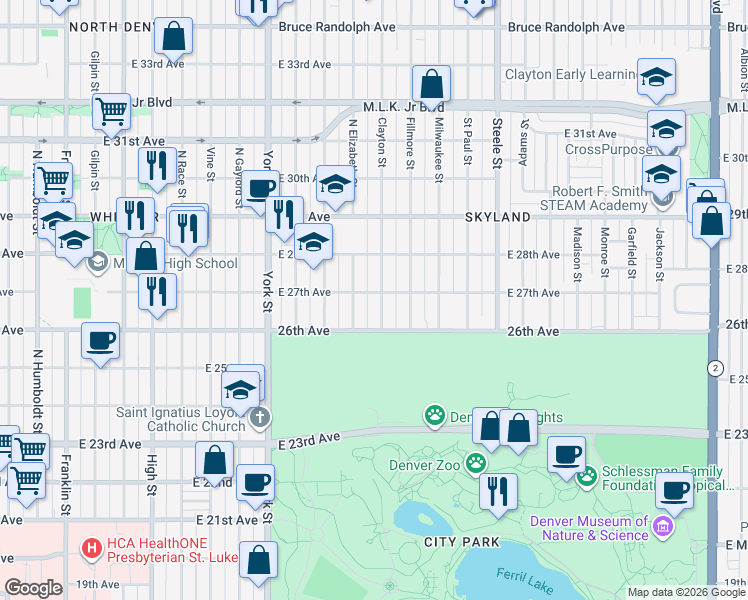 map of restaurants, bars, coffee shops, grocery stores, and more near 2653 Clayton Street in Denver