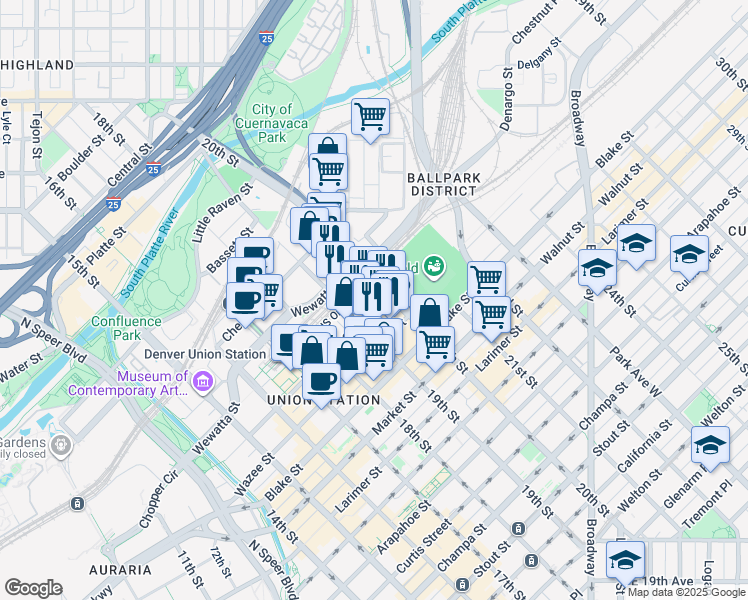 map of restaurants, bars, coffee shops, grocery stores, and more near 1735 19th Street in Denver