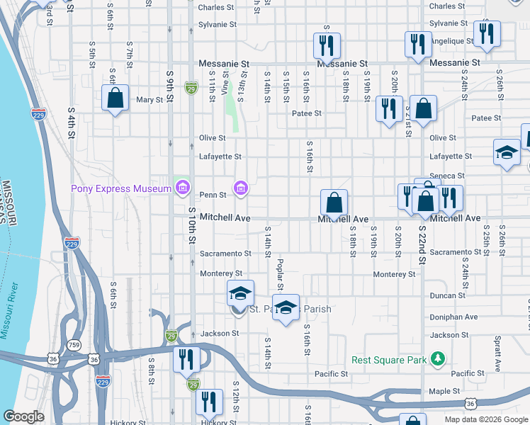 map of restaurants, bars, coffee shops, grocery stores, and more near 1220 South 14th Street in Saint Joseph