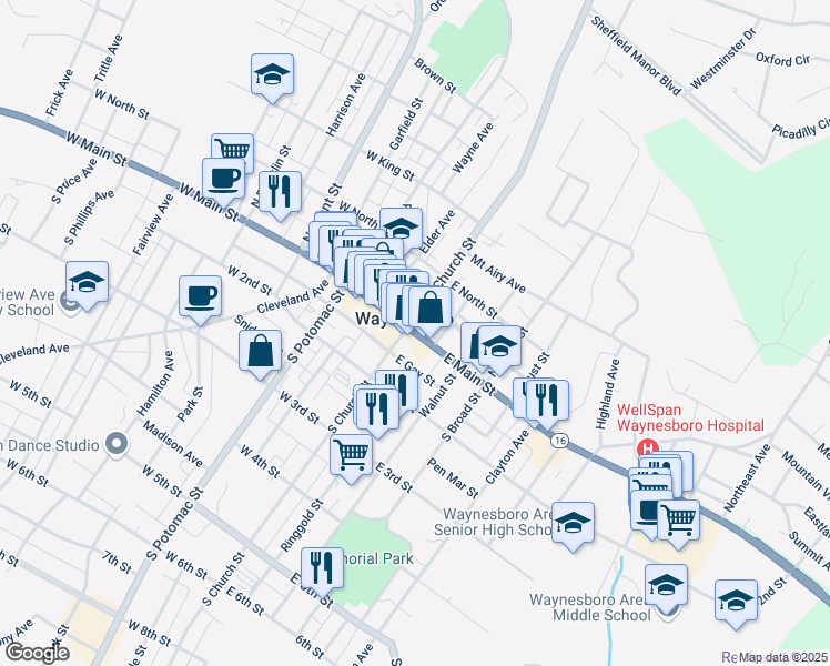 map of restaurants, bars, coffee shops, grocery stores, and more near 16 Buchanan Trail East in Waynesboro