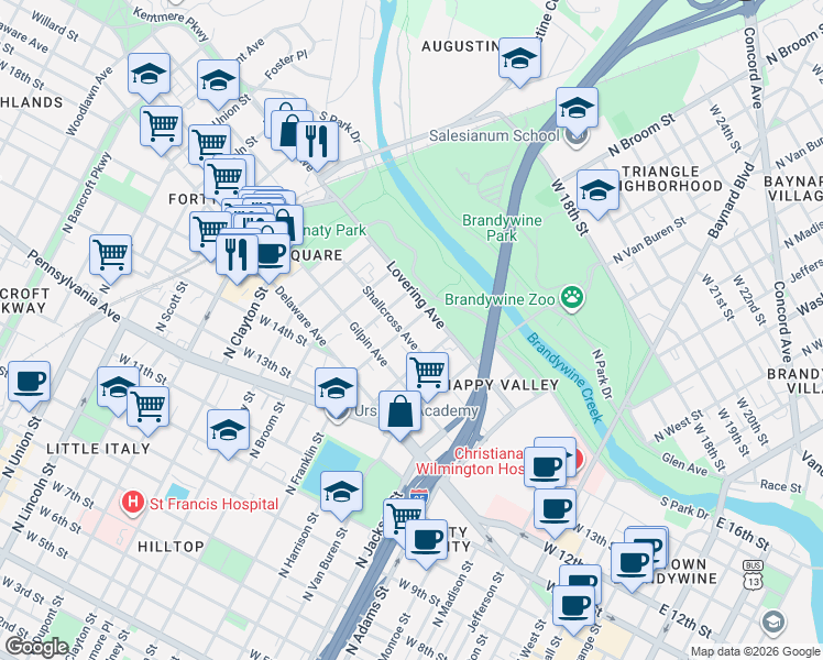map of restaurants, bars, coffee shops, grocery stores, and more near in Wilmington