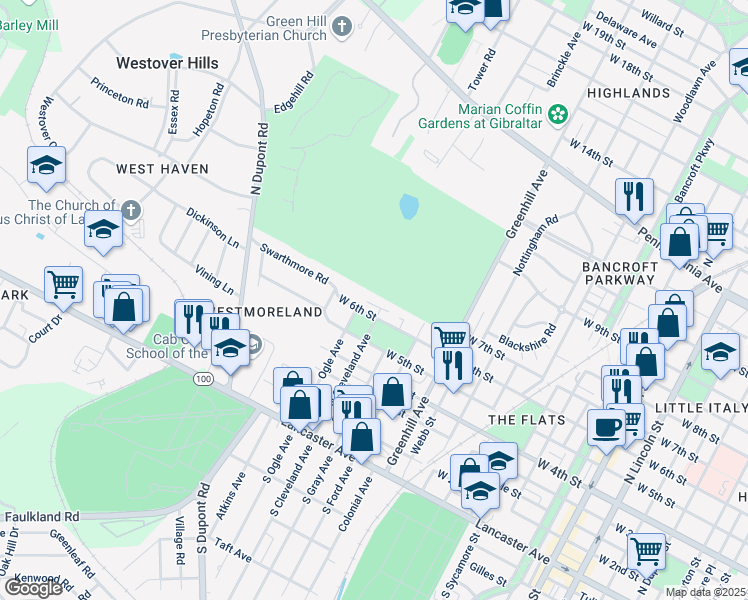map of restaurants, bars, coffee shops, grocery stores, and more near 2 Harrington Court in Wilmington