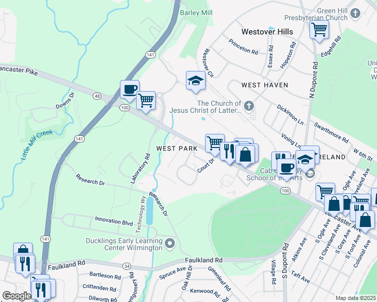 map of restaurants, bars, coffee shops, grocery stores, and more near 68 Court Drive in Wilmington
