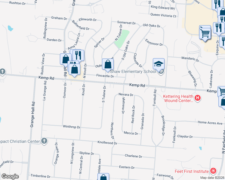 map of restaurants, bars, coffee shops, grocery stores, and more near 3707 Kemp Road in Dayton