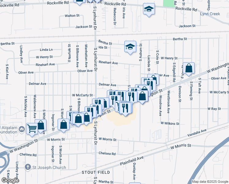 map of restaurants, bars, coffee shops, grocery stores, and more near 5145 Delmar Avenue in Indianapolis