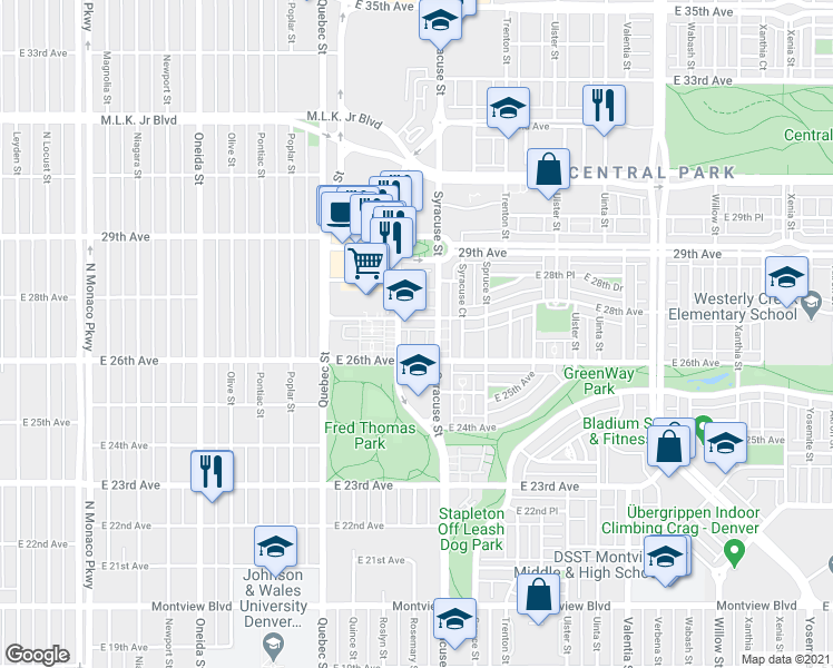 map of restaurants, bars, coffee shops, grocery stores, and more near 7608 East 28th Avenue in Denver
