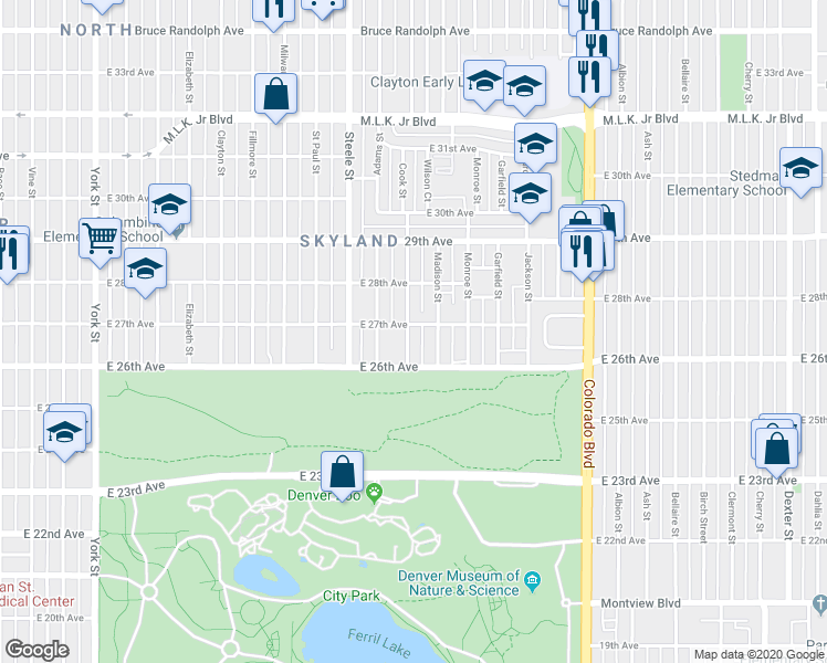 map of restaurants, bars, coffee shops, grocery stores, and more near 3401 East 27th Avenue in Denver