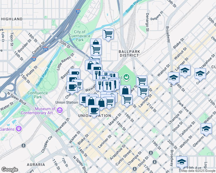 map of restaurants, bars, coffee shops, grocery stores, and more near 1735 19th Street in Denver