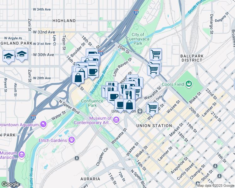 map of restaurants, bars, coffee shops, grocery stores, and more near in Denver