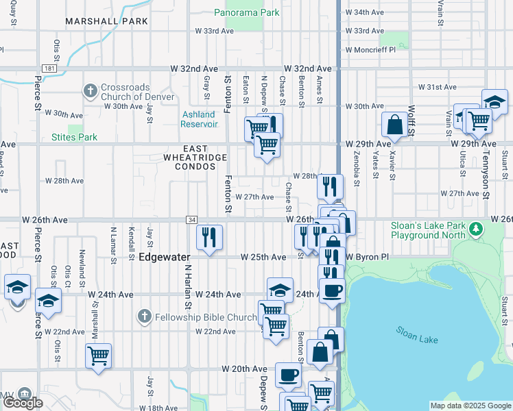 map of restaurants, bars, coffee shops, grocery stores, and more near 5635 West 27th Avenue in Wheat Ridge