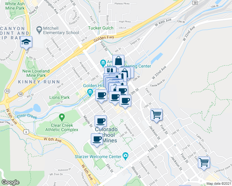 map of restaurants, bars, coffee shops, grocery stores, and more near in Golden