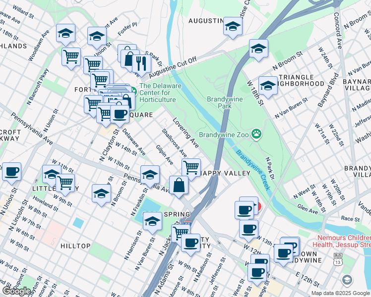 map of restaurants, bars, coffee shops, grocery stores, and more near in Wilmington
