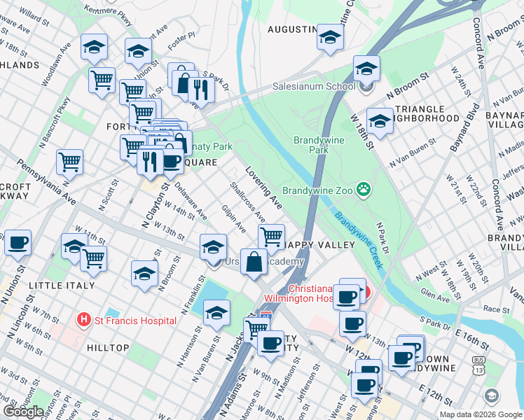map of restaurants, bars, coffee shops, grocery stores, and more near in Wilmington