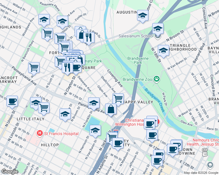 map of restaurants, bars, coffee shops, grocery stores, and more near in Wilmington