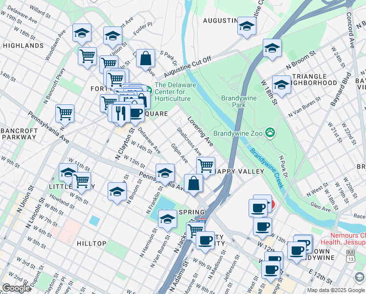 map of restaurants, bars, coffee shops, grocery stores, and more near 1604 North Broom Street in Wilmington