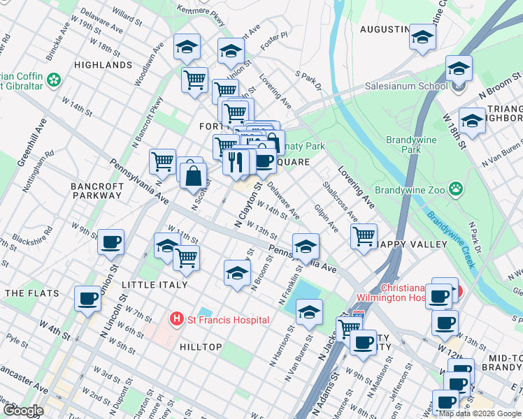 map of restaurants, bars, coffee shops, grocery stores, and more near 1500 Delaware Avenue in Wilmington