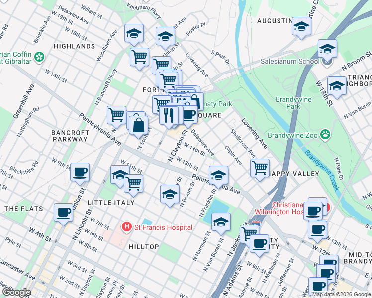 map of restaurants, bars, coffee shops, grocery stores, and more near 1500 Delaware Avenue in Wilmington