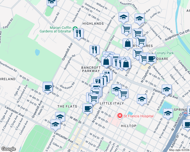 map of restaurants, bars, coffee shops, grocery stores, and more near 1005 North Bancroft Parkway in Wilmington