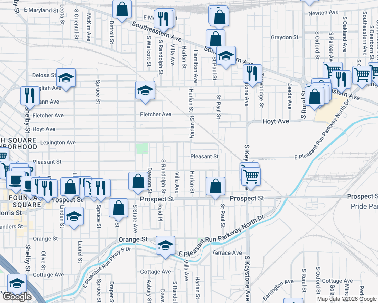 map of restaurants, bars, coffee shops, grocery stores, and more near 2117 Lexington Avenue in Indianapolis