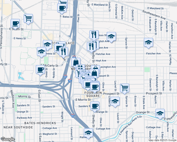 map of restaurants, bars, coffee shops, grocery stores, and more near 1024 Elm Street in Indianapolis